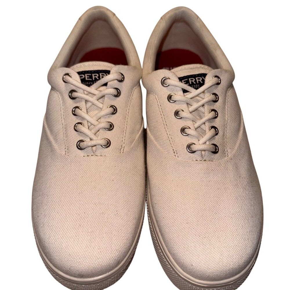 Sperry Mens Size 9.5W Canvas Cream Sneakers With Plushstep Insole Shoes New